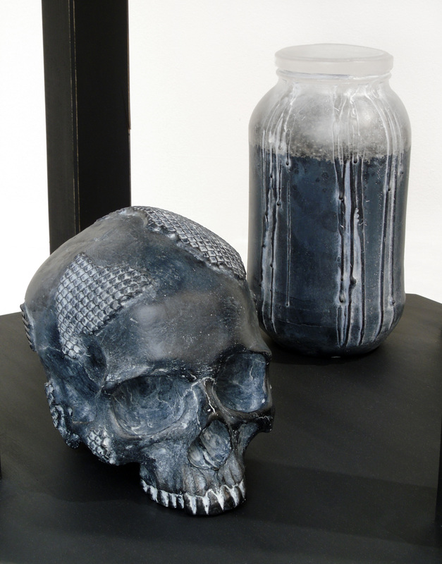 Cast glass skull, jar; (detail) by Michael Rogers